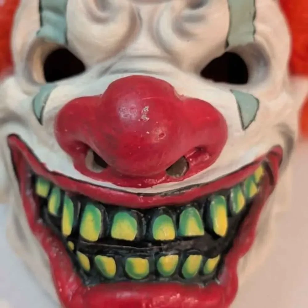 Creepy Evil Clown Halloween Mask with Orange Wig Costume Cosplay Prop Clean